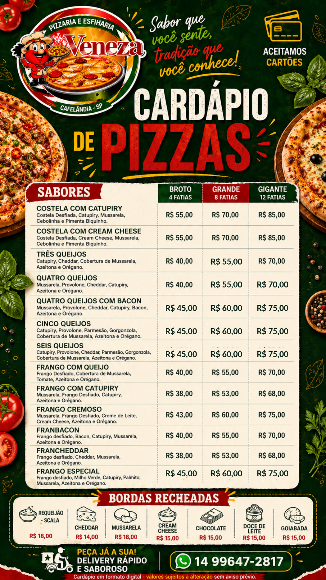 Queijos, frango e bordas recheadas